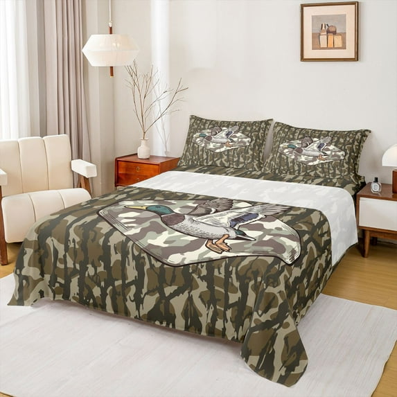 Homewish Country Camo Pattern Bed Sheets,Mallard Duck King Sheets,Green Camouflage Sheet Set For Girls Kids,Super Cozy Room Decor,4-Piece