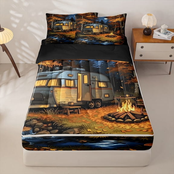 Homewish Country Camping Camper Zipper Twin Comforter Sets with Fitted Sheet and 2 Pillowcases For Kids Boys,Adventure Theme Zipper Bedding Set For RV Lover,Black Reversible,4 Pieces