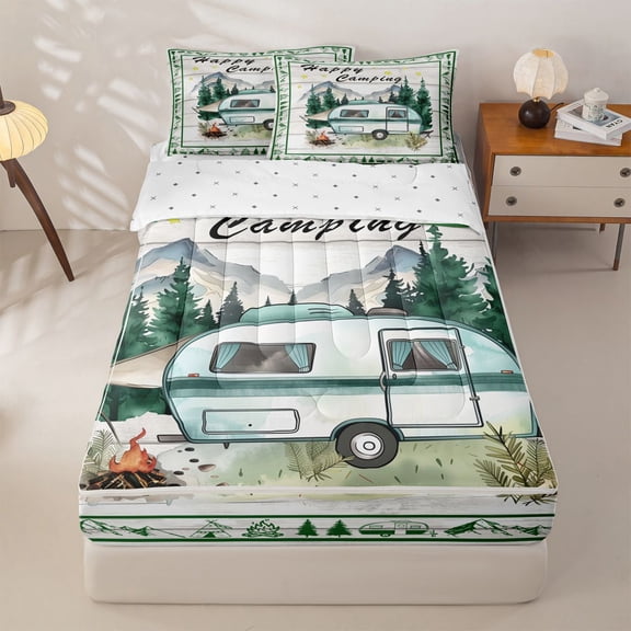Homewish Country Camping RV Zipper Twin Comforter Sets with Fitted Sheet and 2 Pillowcases,Adventure Theme Zipper Bedding Set For Camper,Reversible,4 Pieces