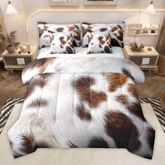 Homewish Country Cattle Hide 7-Piece Bedding Comforter Set,Rustic Farmhouse Cabin King Bedding Sets,White Brown Bed Sheets For Teens,Luxury Bedroom Decor