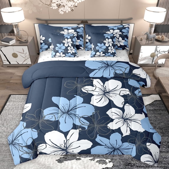 Homewish Country Floral 7-Piece Bedding Comforter Set,Ustic Flower King Bedding Sets,Blue White Bed Sheets For Men Women,Breathable Home Decor Reversible