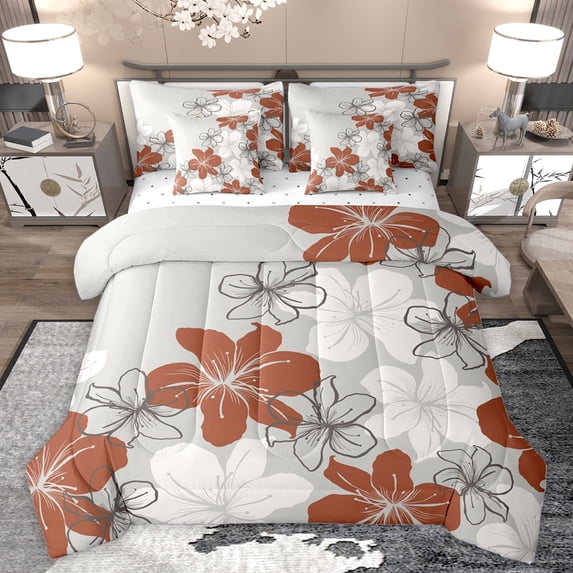 Homewish Country Floral 7pcs Bedding Comforter Set,Ustic Flower Queen Bedding Sets,Red Gray White Queen Sheet Sets For Men Women,Breathable Home Decor Reversible