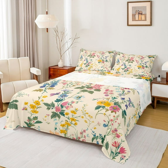 Homewish Country Floral Bed Sheets,Natural Plant King Sheets,Colorful Flower Sheet Set For Men Women,Super Cozy Room Decor,4 Pieces