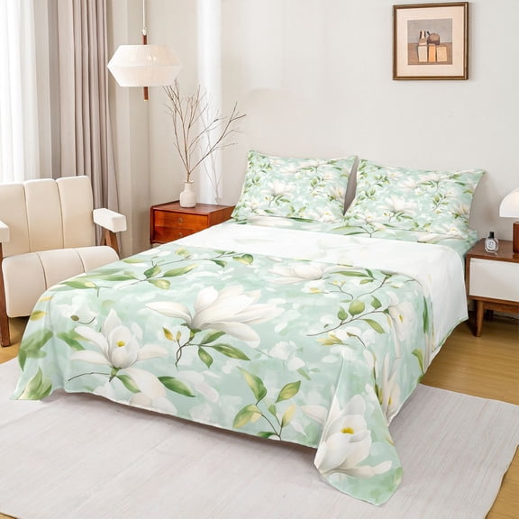 Homewish Country Floral Bed Sheets,Rustic Botanical King Sheets,White Green Sheet Set For Girl Teens,Luxury Bedroom Decor,4pcs