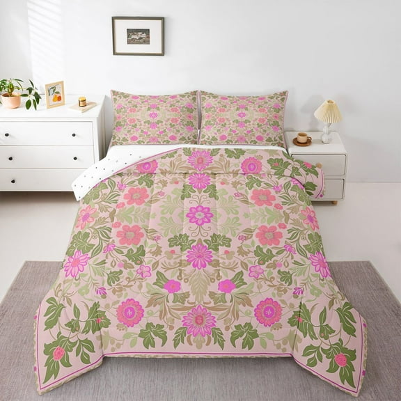 Homewish Country Floral Bedding Comforter Set,Farmhouse Flowers Twin Comforter Sets,Pink Purple Green Bedding Set For Men Women,Super Cozy Room Decor Reversible,2-Piece