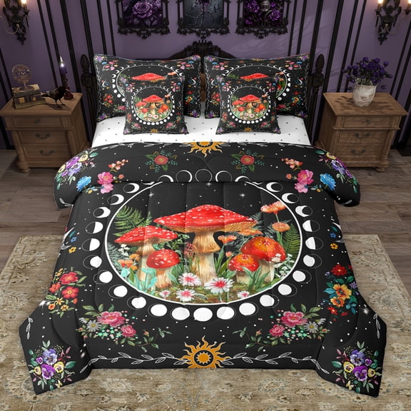 Homewish Country Floral Mushroom 7-Piece Bedding Comforter Set,Colorful Rustic Floral King Bedding Sets,Boho Bohemain Style Bed Sheets For Girl Teens,Microfiber Bedroom Decor