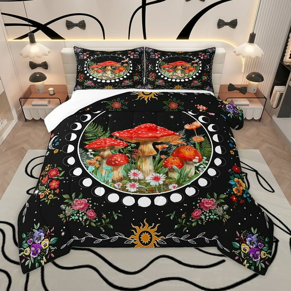 Homewish Country Floral Mushroom Queen Comforter Set,Colorful Rustic Floral Bedding Sets,Boho Bohemain Style Bedding Comforter Set For Girl Teens,Microfiber Bedroom Decor,3 Pieces