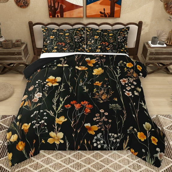 Homewish Country Floral Queen Comforter Set,Rustic Plant Bedding Sets,Yellow Black Bedding Comforter Set For Girls Kids,Breathable Home Decor Reversible,3-Piece