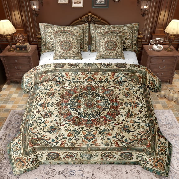 Homewish Country Flower Floral 7-Piece Bedding Comforter Set,Rustic Farmhouse Cabin King Bedding Sets,Beige Green Bed Sheets For Men Women,Super Cozy Room Decor Reversible