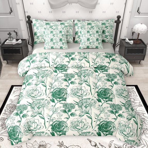 Homewish Country Flower Floral 7-Piece Bedding Comforter Set,Rustic Farmhouse Cabin King Bedding Sets,Green Beige Bed Sheets For Men Women,Super Cozy Room Decor Reversible