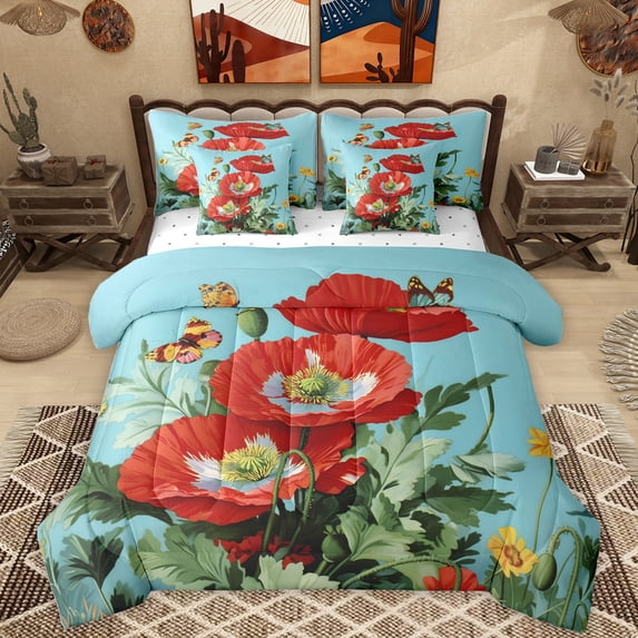 Homewish Country Flower Floral 7pcs Bedding Comforter Set,Rustic Spring Garden Queen Bedding Sets,Red Blue Green Queen Sheet Sets For Men Women,Ultra Soft Home Decor Reversible
