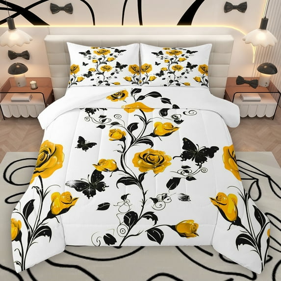 Homewish Country Flower Floral Bedding Comforter Set,Spring Garden Black Butterflies Twin Comforter Sets,Yellow White Black Bedding Set For Men Women,Ultra Soft Home Decor,2 Pieces