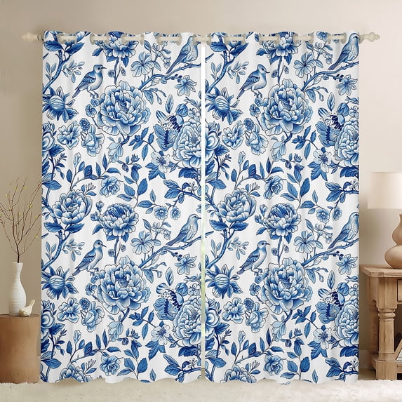 Homewish Country Flower Floral Black Out Curtains,Retro Rustic Bird Curtains Pack of 2 (42x63 Each),White Blue Bedroom Curtains For Girls Teens,Luxury Bedroom Decor