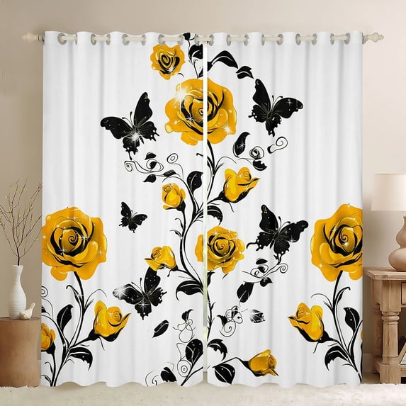 Homewish Country Flower Floral Blackout Curtains Set of 2 (52x84 Each),Spring Garden Black Butterflies Window Curtains,Yellow White Black Curtains and Drapes For Men Women,Ultra Soft Home Decor