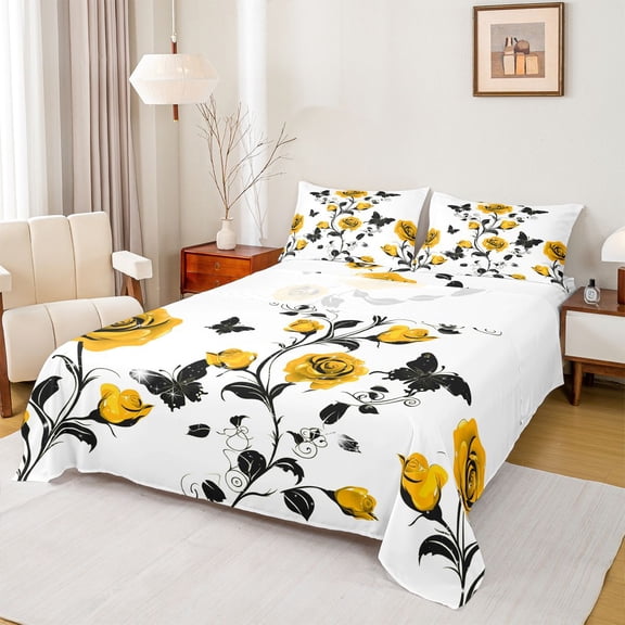 Homewish Country Flower Floral Full Size Sheets,Spring Garden Black Butterflies Bed Sheets,Yellow White Black Sheet Sets For Men Women,Ultra Soft Home Decor,4pcs
