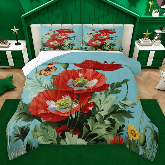 Homewish Country Flower Floral Queen Comforter Set,Rustic Spring Garden Bedding Sets,Red Blue Green Bedding Comforter Set For Men Women,Ultra Soft Home Decor Reversible,3-Piece