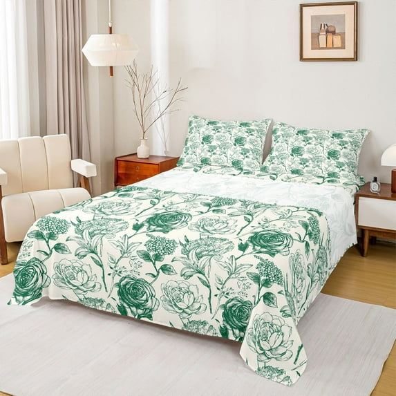 Homewish Country Flower Floral Twin Sheet Sets,Rustic Farmhouse Cabin Twin Fitted Sheet,Green Beige Flat Sheet For Men Women,Super Cozy Room Decor,3pcs