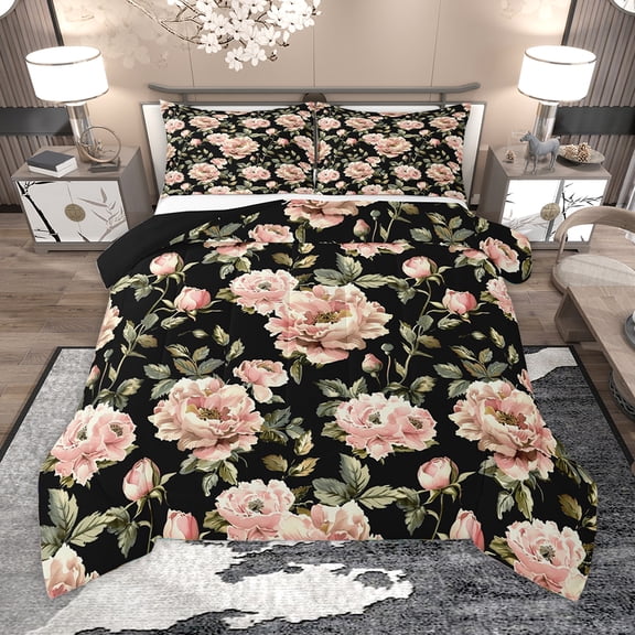 Homewish Country Flower Queen Comforter Set,Retro Rustic Flower Bedding Sets,Pink Black Bedding Comforter Set For Girls Teens,Luxury Bedroom Decor Reversible,3 Pieces