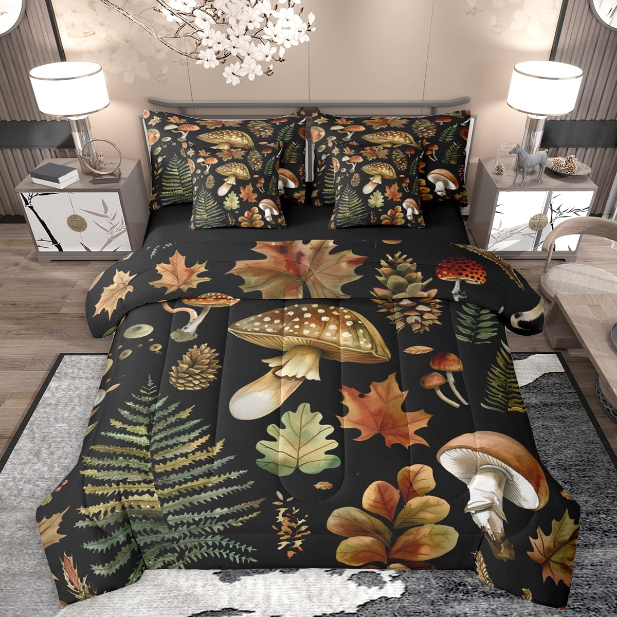 Homewish Country Fungus Mushroom 7-Piece Twin Bedding Sets,Autumn Maples Leaves Bedding Comforter Set,Rustic Plant Sheet Sets For Men Women,Super Cozy Room Decor Reversible
