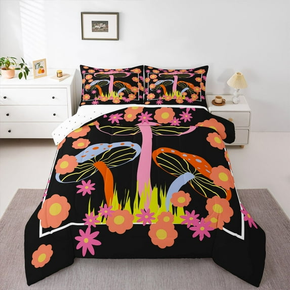 Homewish Country Fungus Mushroom Full Size Comforter Sets,Colorful Cartoon Flower Bedding Comforter Set,Orange Black Bedding Sets For Children,Breathable Home Decor Reversible,3pcs