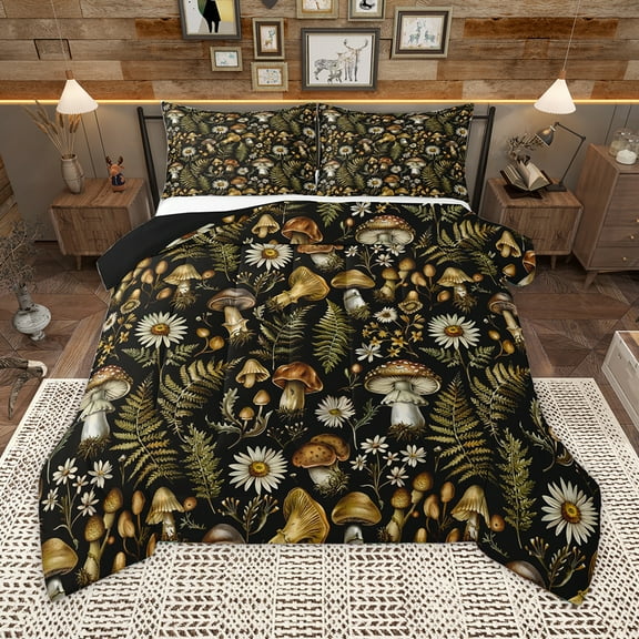 Homewish Country Fungus Mushroom Queen Comforter Set,Rustic Farmhouse Cabin Bedding Sets,Cute Flower Daisy Bedding Comforter Set For Children,Breathable Home Decor Reversible,3pcs