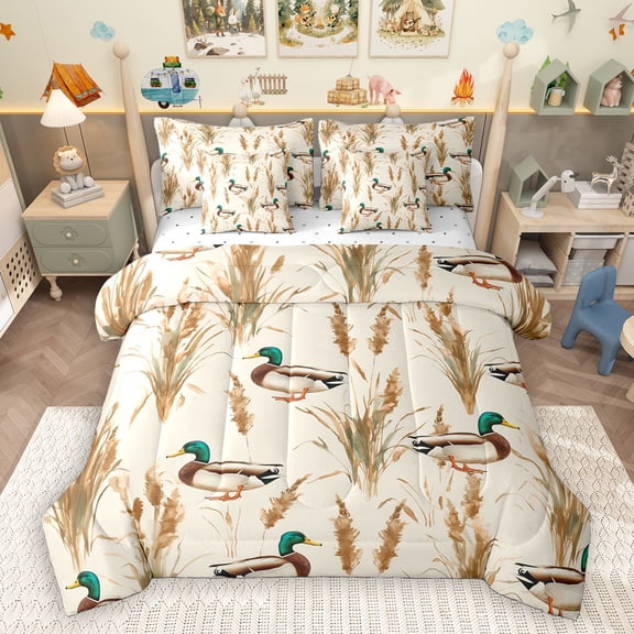 Homewish Country Mallard Duck 7-Piece Bedding Comforter Set,Rustic Plant King Bedding Sets,Western Farmhouse Bed Sheets For Teens,Super Cozy Room Decor
