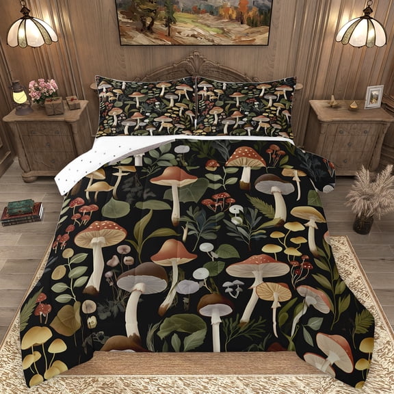 Homewish Country Mushroom Leaf Bedding Comforter Set,Retro Rustic Fungus Twin Comforter Sets,Brown Green Black Bedding Set For Bots Girls,Ultra Soft Home Decor Reversible,2-Piece