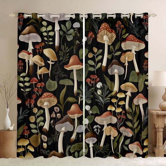 Homewish Country Mushroom Leaf Black Out Curtains,Retro Rustic Fungus Curtains Pack of 2 (42x63 Each),Brown Green Black Bedroom Curtains For Bots Girls,Ultra Soft Home Decor