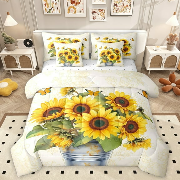 Homewish Country Sunflower 7-Piece Bedding Comforter Set,Rustic Plant King Bedding Sets,Yellow White Bed Sheets For Girls Kids,Ultra Soft Home Decor Reversible