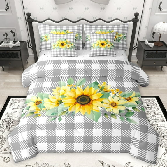 Homewish Country Sunflower 7 Pieces Bedding Comforter Set,Modern Geometric Checkered Full Bedding Set,Yellow Gray White Fitted Sheet Flat Sheet For Men Women,Luxury Bedroom Decor