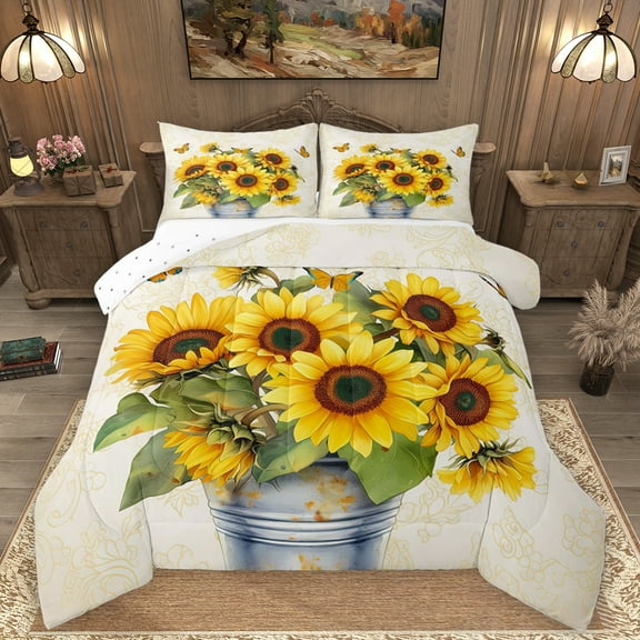 Homewish Country Sunflower Bedding Comforter Set,Rustic Plant Twin Comforter Sets,Yellow White Bedding Set For Girls Kids,Ultra Soft Home Decor Reversible,2 Pieces