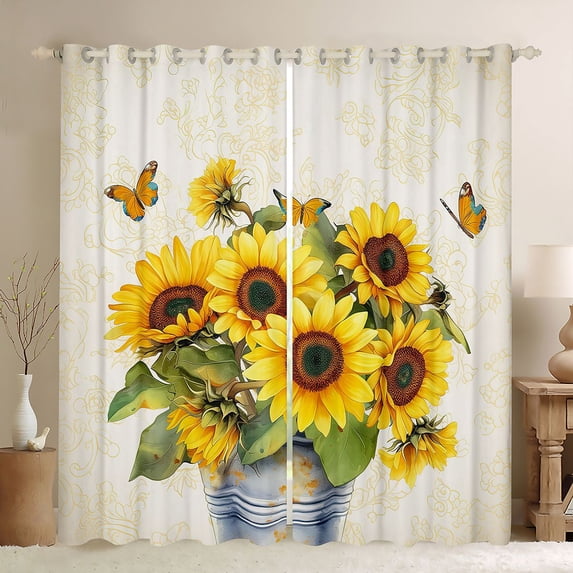 Homewish Country Sunflower Black Out Curtains,Rustic Plant Curtains Pack of 2 (42x63 Each),Yellow White Bedroom Curtains For Girls Kids,Ultra Soft Home Decor