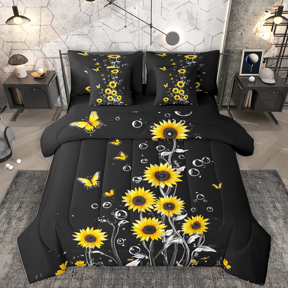 Homewish Country Sunflower Flower 7-Piece Bedding Comforter Set,Cute Cartoon Butterfly King Bedding Sets,Yellow Black Bed Sheets For Girls Kids,Breathable Home Decor Reversible