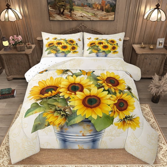 Homewish Country Sunflower Queen Comforter Set,Rustic Plant Bedding Sets,Yellow White Bedding Comforter Set For Girls Kids,Ultra Soft Home Decor Reversible,3-Piece