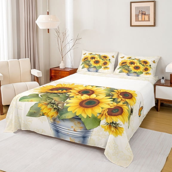 Homewish Country Sunflower Twin Sheet Sets,Rustic Plant Twin Fitted Sheet,Yellow White Flat Sheet For Girls Kids,Ultra Soft Home Decor,3 Pieces