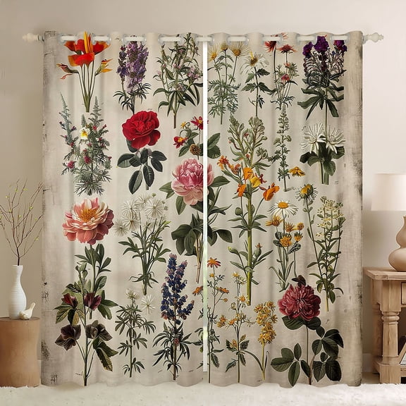 Homewish Countryside Botanical Flower Blackout Curtains Set of 2 (52x84 Each),Retro Rustic Floral Window Curtains,Green Brown Curtains and Drapes For Men Women,Ultra Soft Home Decor