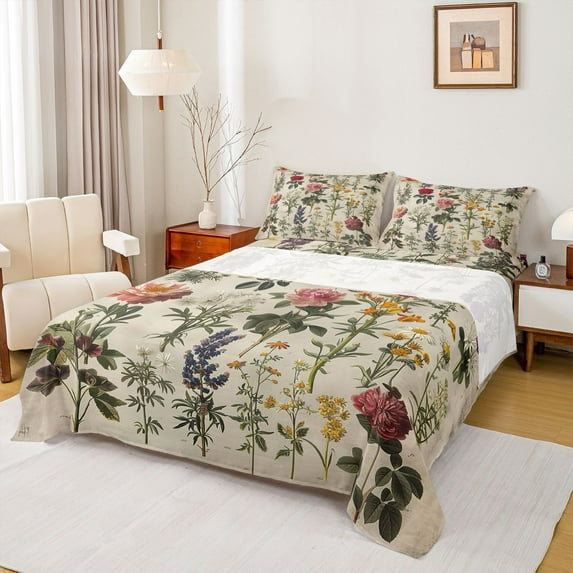 Homewish Countryside Botanical Flower Twin Sheet Sets,Retro Rustic Floral Twin Fitted Sheet,Green Brown Flat Sheet For Men Women,Ultra Soft Home Decor,3-Piece
