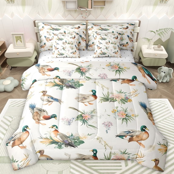 Homewish Countryside Floral 7pcs Bedding Comforter Set,Mallard Duck Queen Bedding Sets,Green Beige Queen Sheet Sets For Teens,Ultra Soft Home Decor Reversible