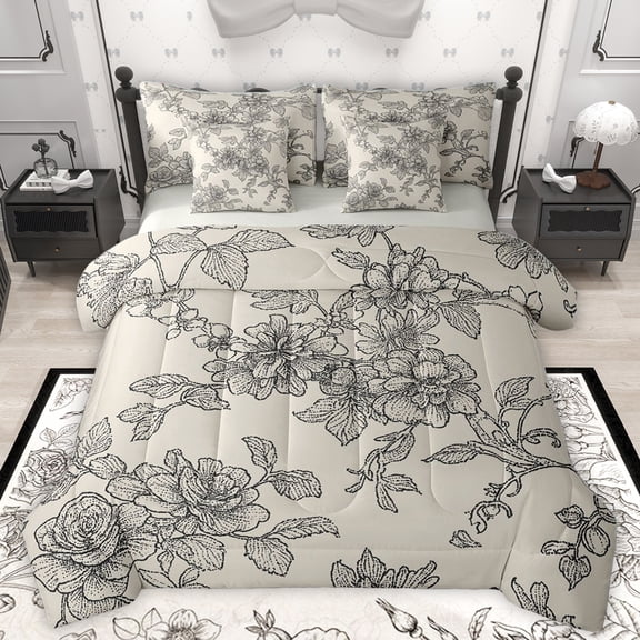 Homewish Countryside Flower 7-Piece Bedding Comforter Set,Rustic Botanical Floral King Bedding Sets,Black Gray Bed Sheets For Girls Teens,Ultra Soft Home Decor Reversible