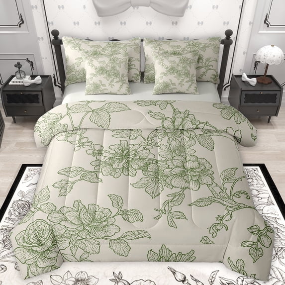 Homewish Countryside Flower 7-Piece Bedding Comforter Set,Rustic Botanical Floral King Bedding Sets,Green Gray Bed Sheets For Girls Teens,Ultra Soft Home Decor Reversible