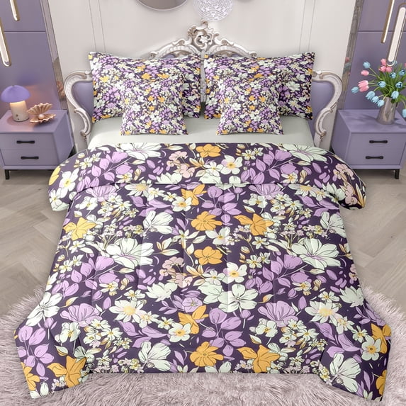 Homewish Countryside Flower 7-Piece Bedding Comforter Set,Rustic Botanical Floral King Bedding Sets,Purple Orange Beige Bed Sheets For Girls Teens,Ultra Soft Home Decor Reversible