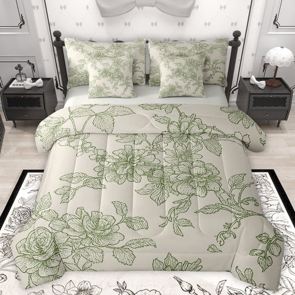 Homewish Countryside Flower 7-Piece Twin Bedding Sets,Rustic Botanical Floral Bedding Comforter Set,Green Gray Sheet Sets For Girls Teens,Ultra Soft Home Decor Reversible