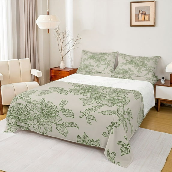 Homewish Countryside Flower Twin Sheet Sets,Rustic Botanical Floral Twin Fitted Sheet,Green Gray Flat Sheet For Girls Teens,Ultra Soft Home Decor,3 Pieces