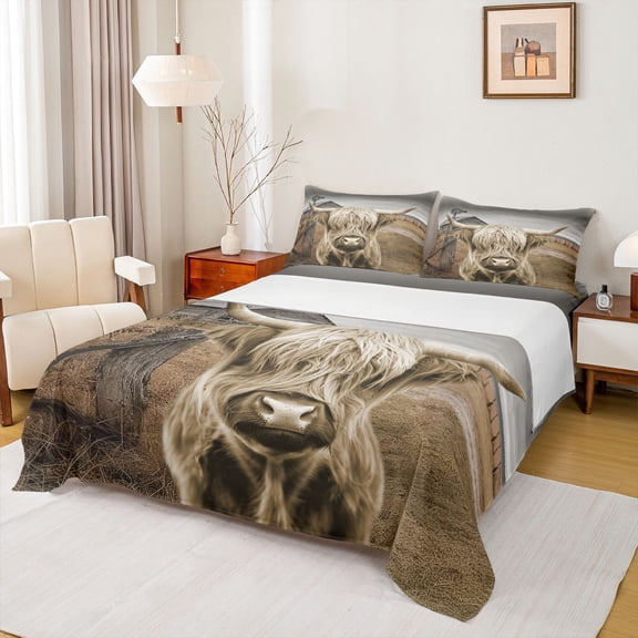 Homewish Countryside Highland Cattle Twin Sheet Sets,Rustic Western Farmhouse Twin Fitted Sheet,Old Barn Door Flat Sheet For Adults,Luxury Bedroom Decor,3pcs