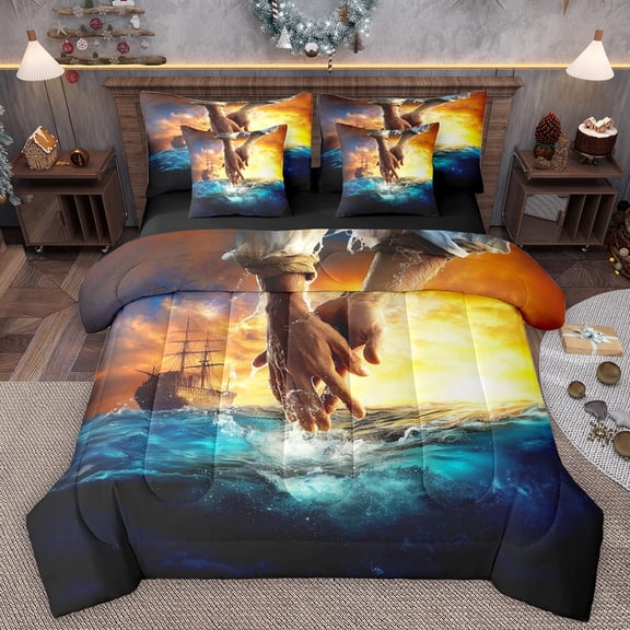 Homewish Couple Hands Adult Bedding Comforter Set 7pcs, Romantic Love Queen Bedding Sets, Ocean Titanic Theme Reversible Queen Sheet Sets, Microfiber Bedroom Decor