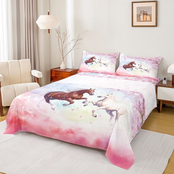 Homewish Couple Horse Animal Bed Sheets, Pink Cherry Blossoms King Sheets, Artwork Watercolor Sheet Set, Ultra Soft Bedroom Decor, 4-Piece