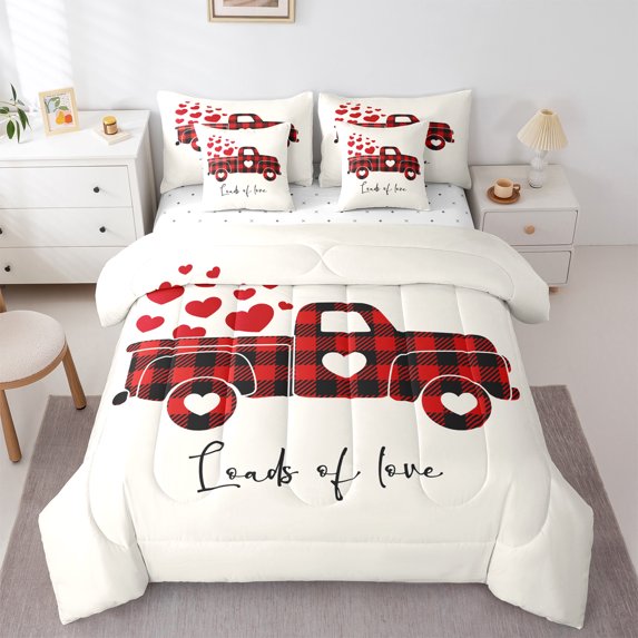 Homewish Couple Love Heart Bedding Comforter Set 7-Piece, Black Red Plaid Truck King Bedding Sets, Happy Valentines Day Bed Sheets, Luxury Bedroom Decor