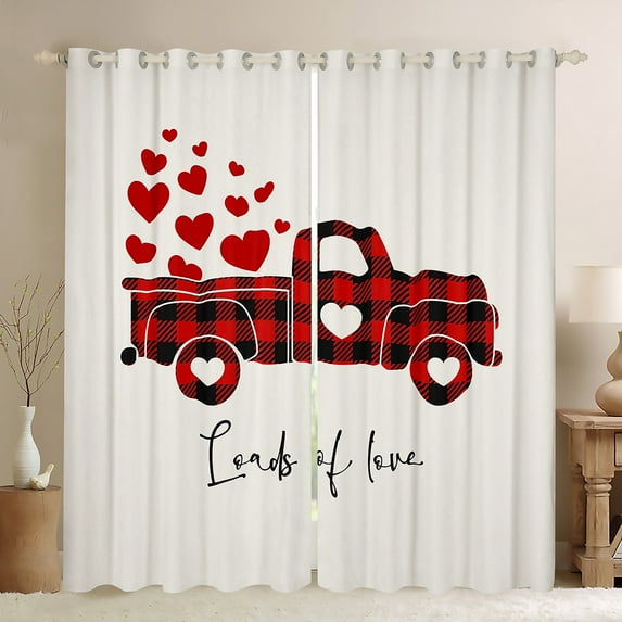 Homewish Couple Love Heart Curtains Pack of 2 (42x84 Each), Black Red Plaid Truck Curtains Blackout, Happy Valentines Day Bedroom Curtains, Black Out Curtains Decor