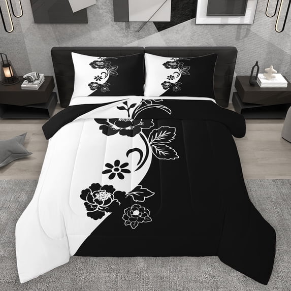Homewish Couple Valentine's Day Bedding Comforter Set, Black White Twin Comforter Sets, Romantic Anniversary Rose Reversible Bedding Set, Microfiber Bedroom Decor, 2-Piece
