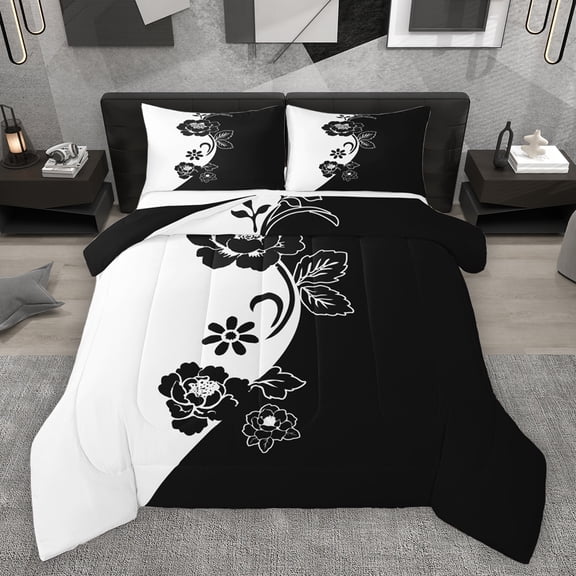 Homewish Couple Valentine's Day Bedding Comforter Set, Black White Twin Comforter Sets, Romantic Anniversary Rose Reversible Bedding Set, Microfiber Bedroom Decor, 2-Piece